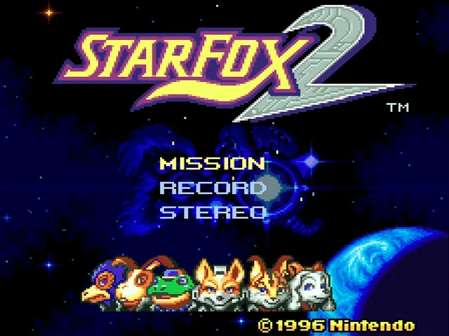Star Fox 2 title screen with six pilots beneath the logo