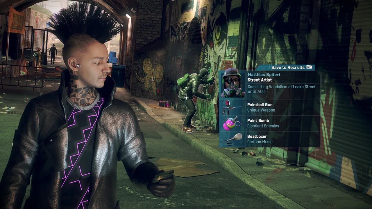 A Watch Dogs Legion recruit stands on a London street with a recruitment interface visible