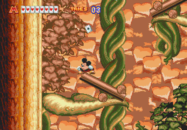 Mickey crosses branching platforms in the enchanted forest.