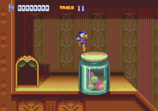 Donald explores oversized objects and platforms on a later route.